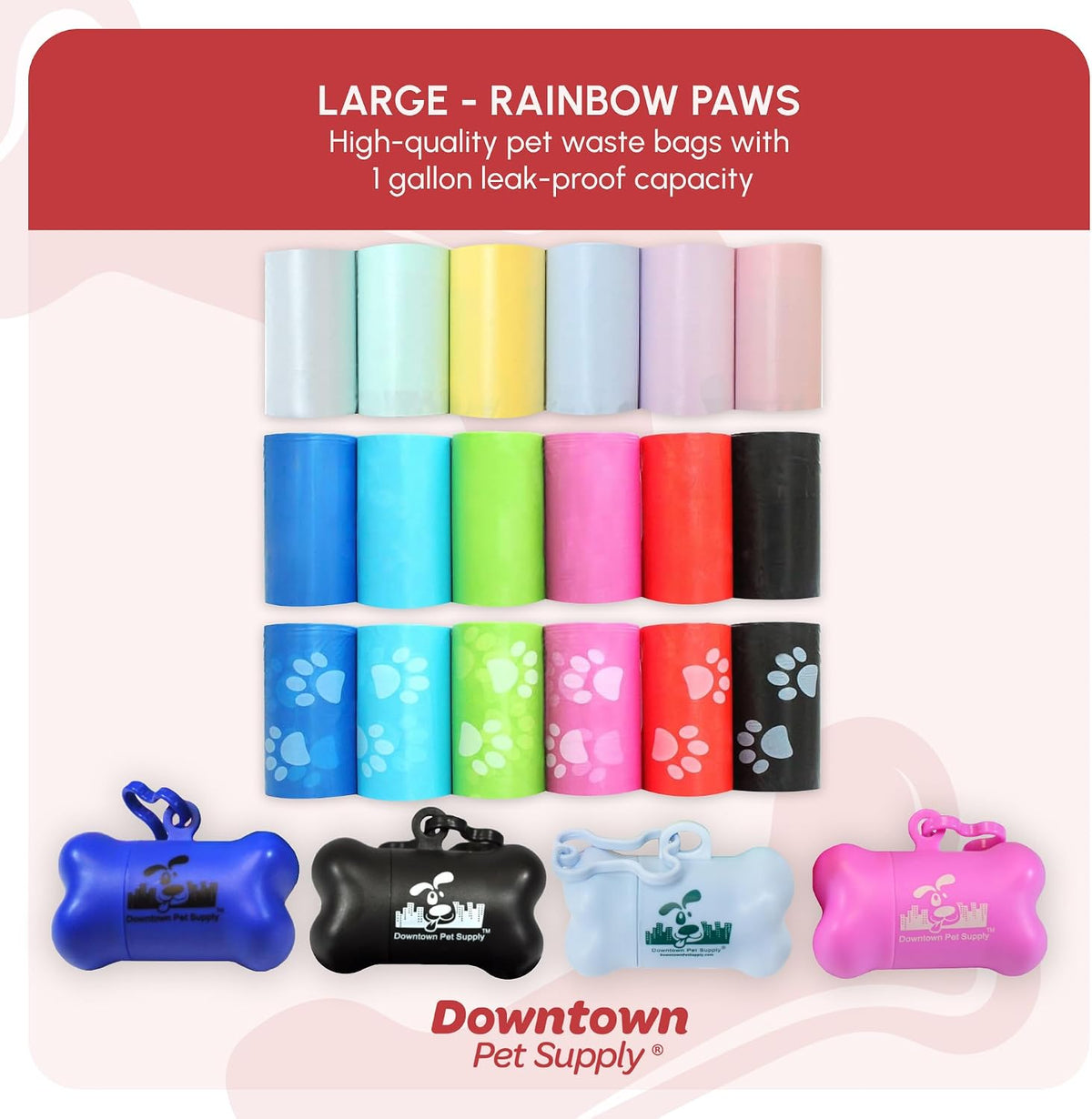 Rainbow Paw Print Poop Bags - 2200 Count with 2 Dispensers, Leak-Proof & Unscented, Convenient Clips for Leashes & Harnesses