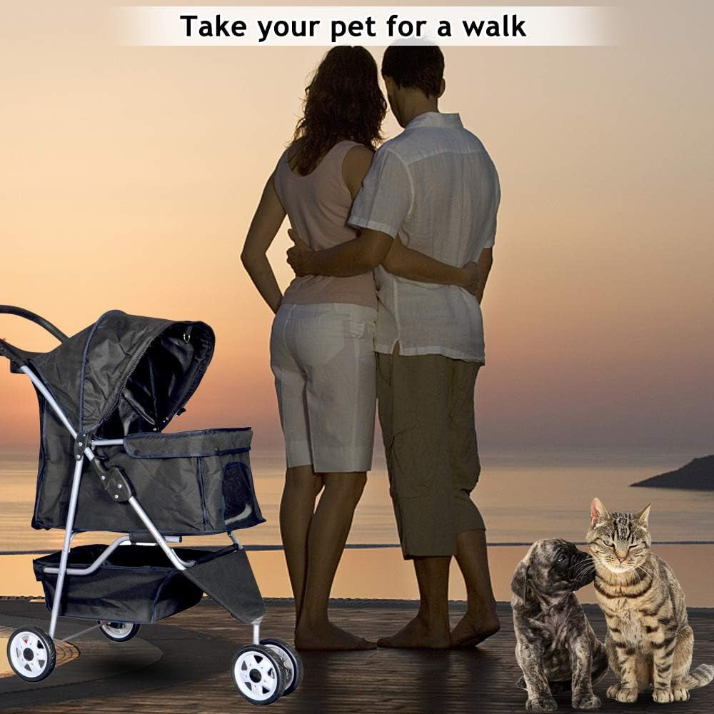 Lightweight 3-Wheel Pet Stroller for Small & Medium Dogs and Cats - Foldable, Breathable Mesh, Weather Cover & Storage Basket - Perfect for Daily Walks & Outdoor Adventures (Black)