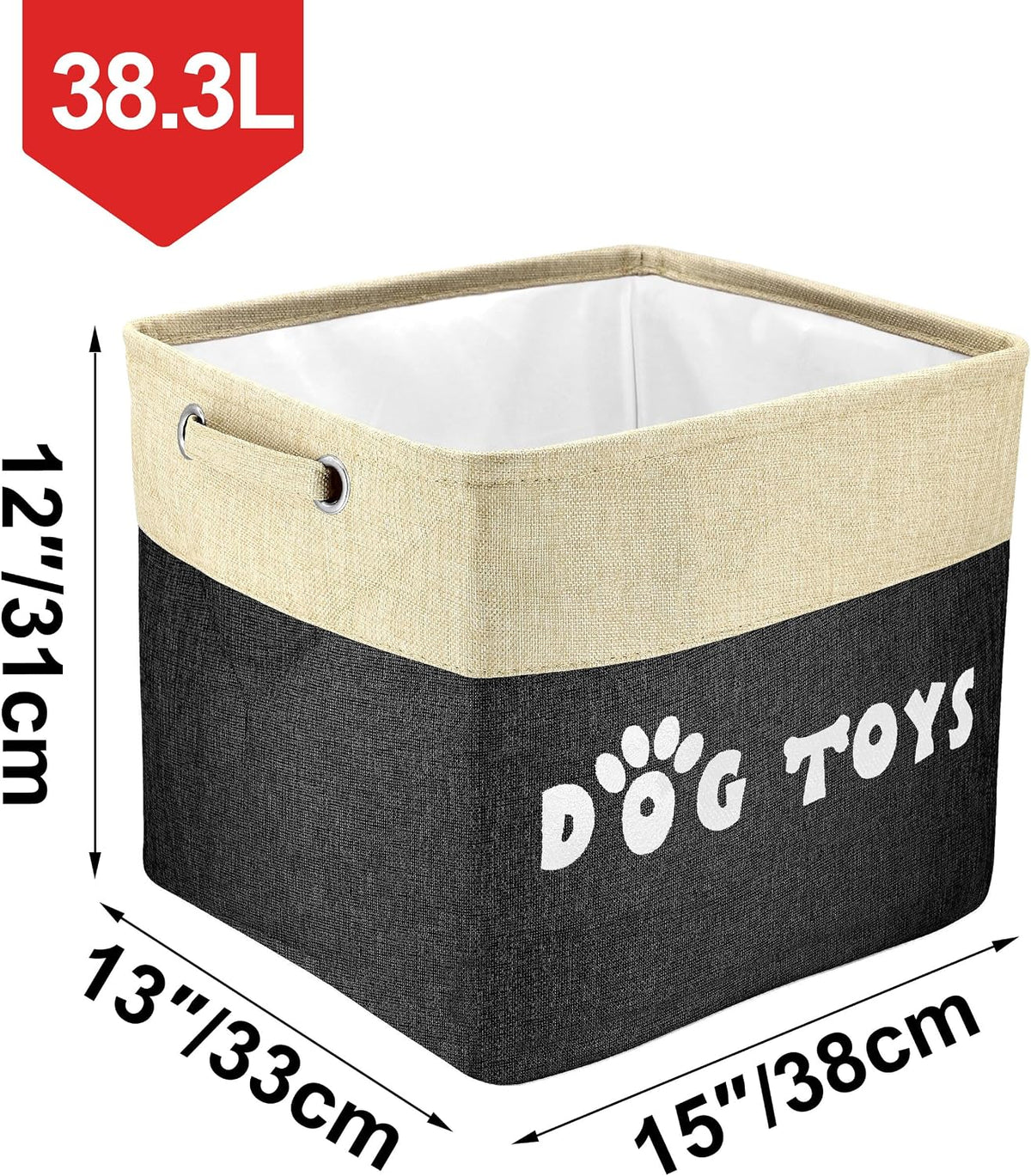 Dog Toy Basket, Large Collapsible, Black, L:15"X13"X12"