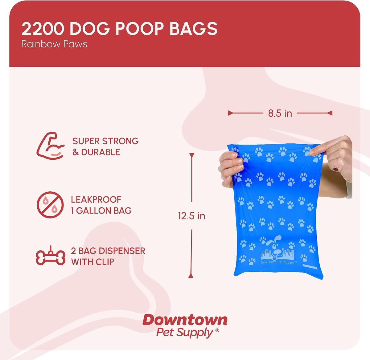 Rainbow Paw Print Poop Bags - 2200 Count with 2 Dispensers, Leak-Proof & Unscented, Convenient Clips for Leashes & Harnesses