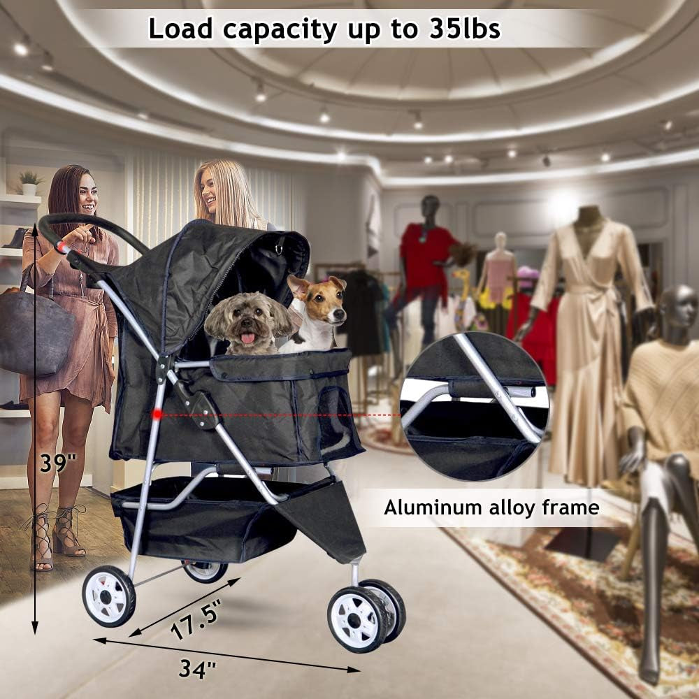 Lightweight 3-Wheel Pet Stroller for Small & Medium Dogs and Cats - Foldable, Breathable Mesh, Weather Cover & Storage Basket - Perfect for Daily Walks & Outdoor Adventures (Black)