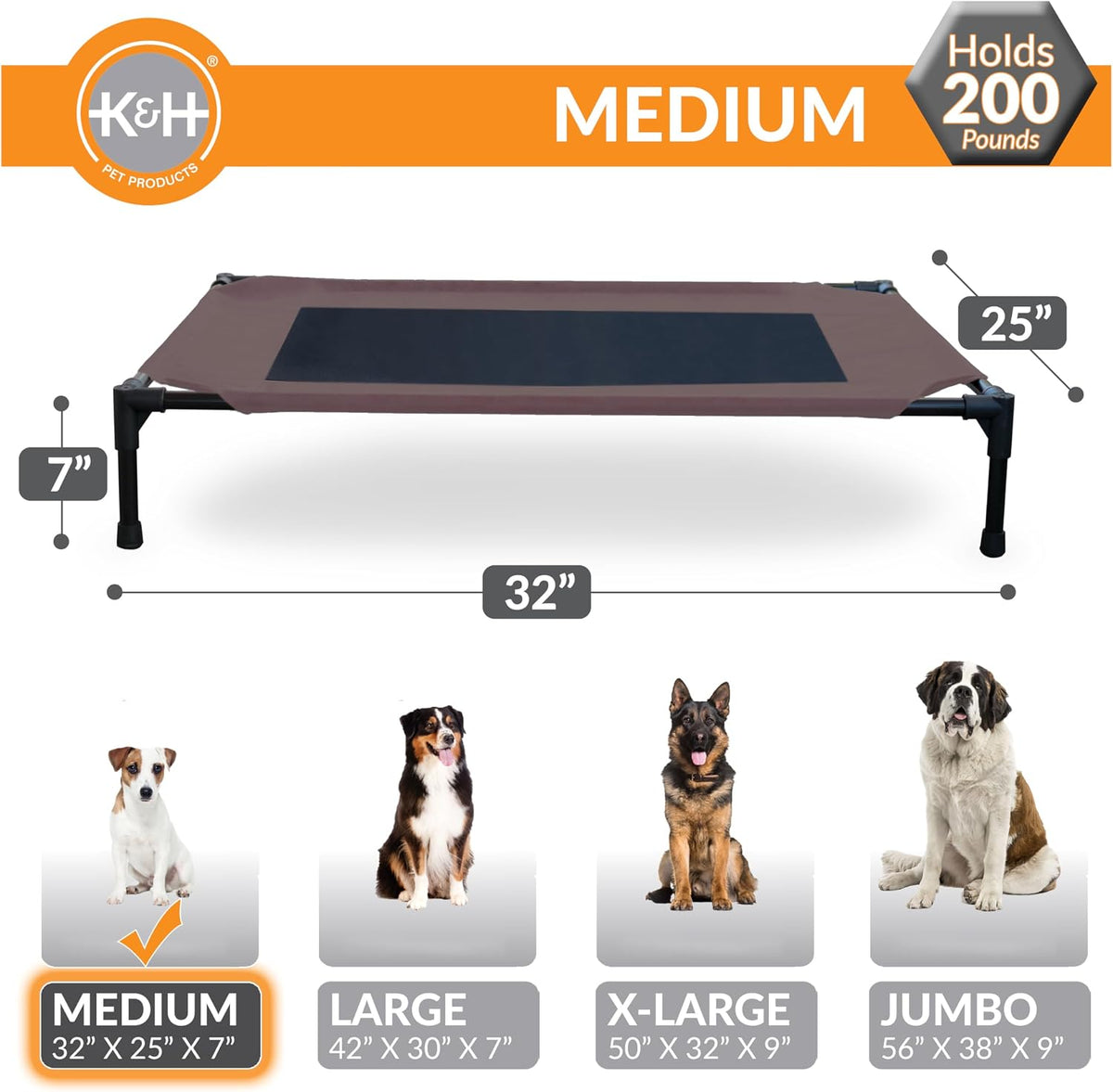 K&H Outdoor Elevated Dog Bed for Small & Medium Pets, Chocolate, 32X25In