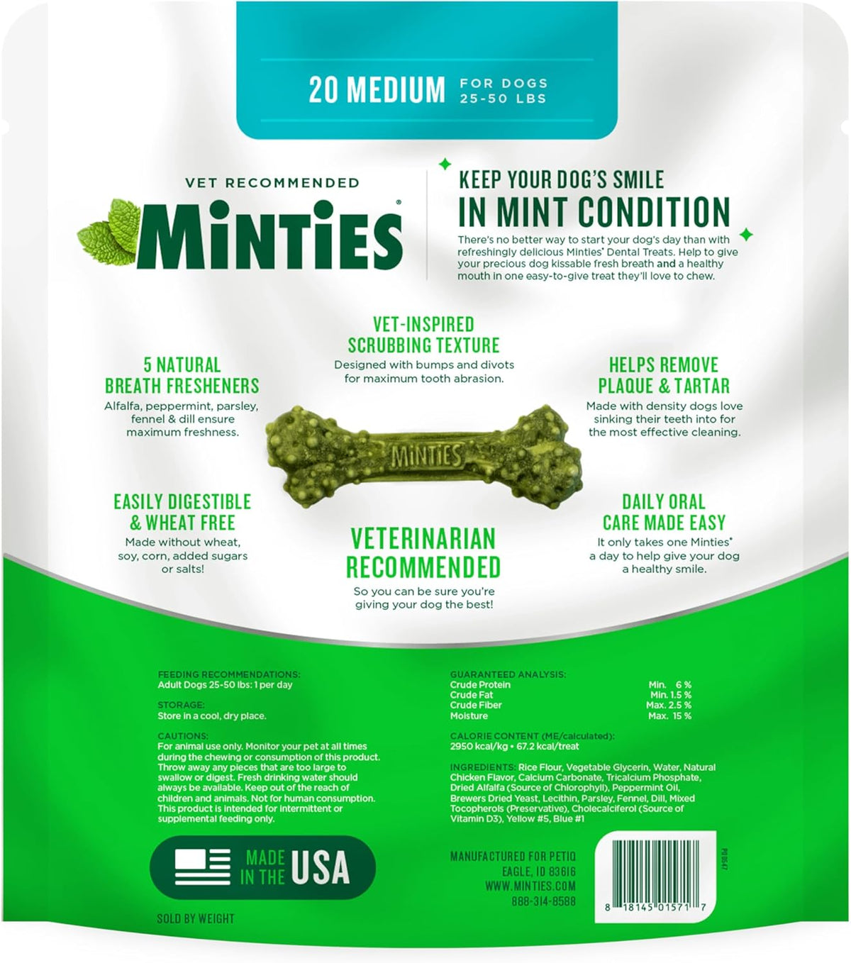 Mint Dental Chews for Dogs, Medium Breeds 25-50 Lbs, 20 Count