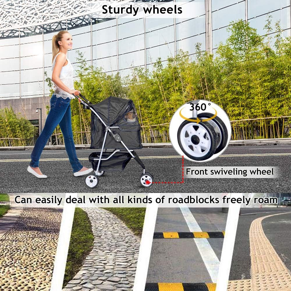 Lightweight 3-Wheel Pet Stroller for Small & Medium Dogs and Cats - Foldable, Breathable Mesh, Weather Cover & Storage Basket - Perfect for Daily Walks & Outdoor Adventures (Black)