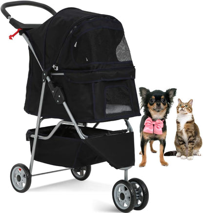 Lightweight 3-Wheel Pet Stroller for Small & Medium Dogs and Cats - Foldable, Breathable Mesh, Weather Cover & Storage Basket - Perfect for Daily Walks & Outdoor Adventures (Black)