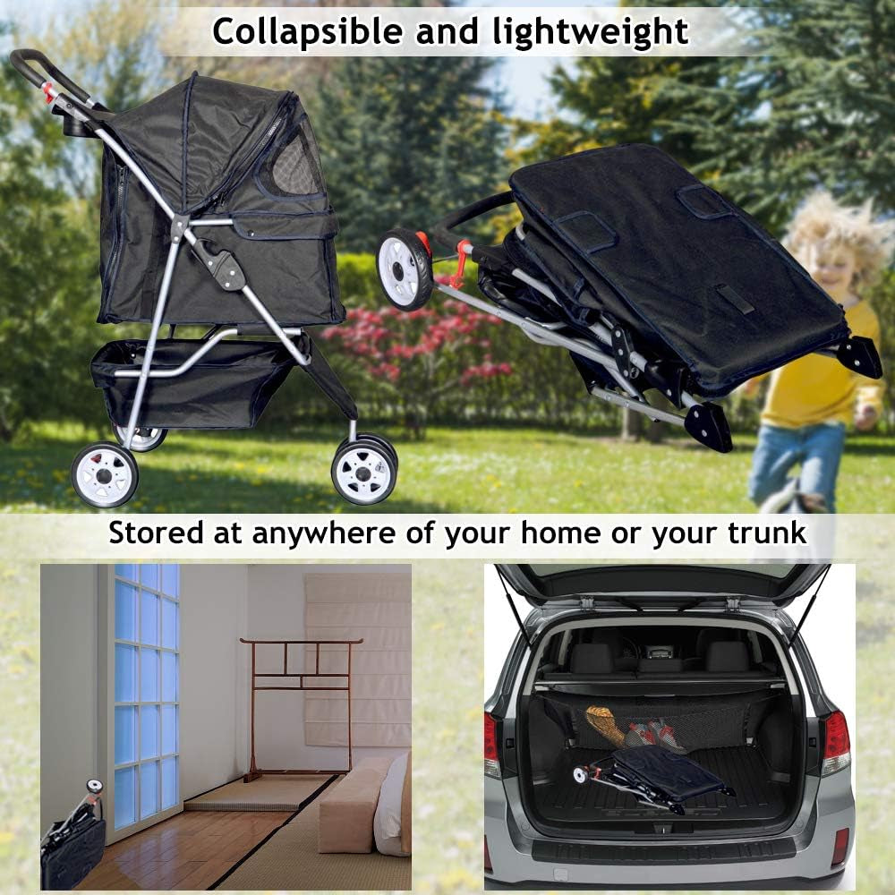 Lightweight 3-Wheel Pet Stroller for Small & Medium Dogs and Cats - Foldable, Breathable Mesh, Weather Cover & Storage Basket - Perfect for Daily Walks & Outdoor Adventures (Black)