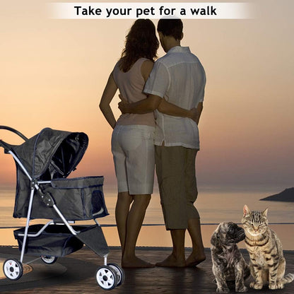 Lightweight 3-Wheel Pet Stroller for Small & Medium Dogs and Cats - Foldable, Breathable Mesh, Weather Cover & Storage Basket - Perfect for Daily Walks & Outdoor Adventures (Black)