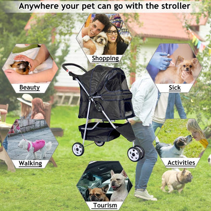 Lightweight 3-Wheel Pet Stroller for Small & Medium Dogs and Cats - Foldable, Breathable Mesh, Weather Cover & Storage Basket - Perfect for Daily Walks & Outdoor Adventures (Black)