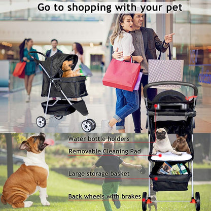 Lightweight 3-Wheel Pet Stroller for Small & Medium Dogs and Cats - Foldable, Breathable Mesh, Weather Cover & Storage Basket - Perfect for Daily Walks & Outdoor Adventures (Black)