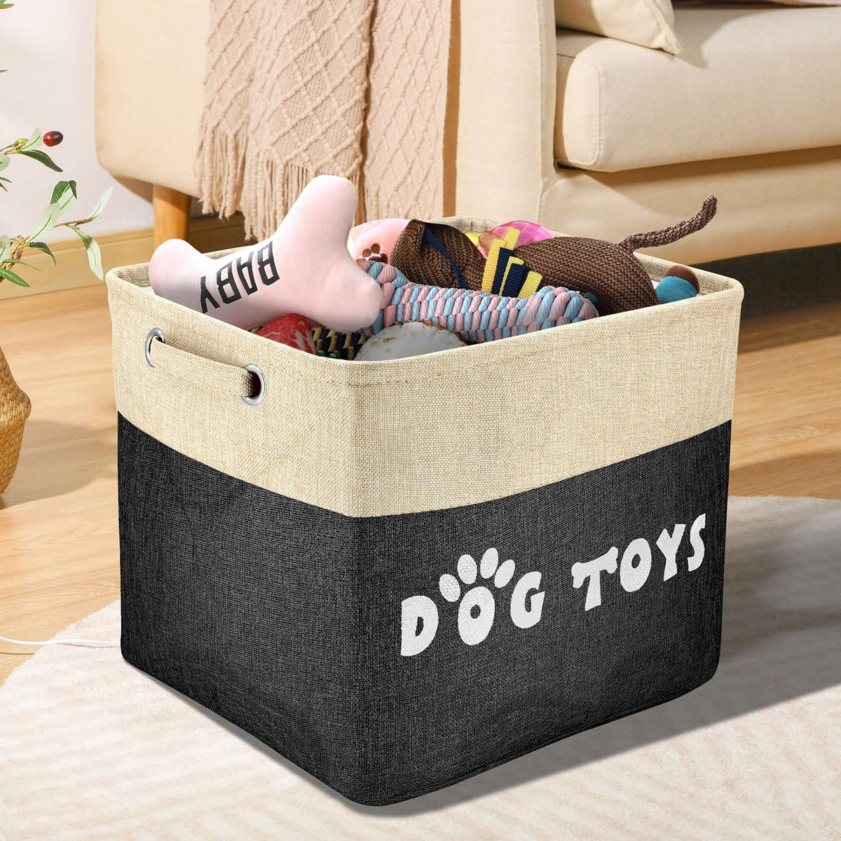 Dog Toy Basket, Large Collapsible, Black, L:15"X13"X12"