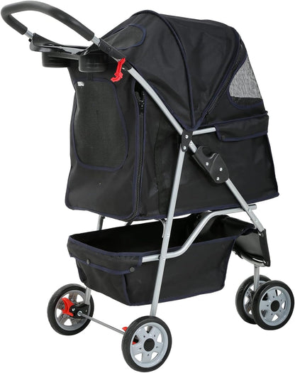 Lightweight 3-Wheel Pet Stroller for Small & Medium Dogs and Cats - Foldable, Breathable Mesh, Weather Cover & Storage Basket - Perfect for Daily Walks & Outdoor Adventures (Black)